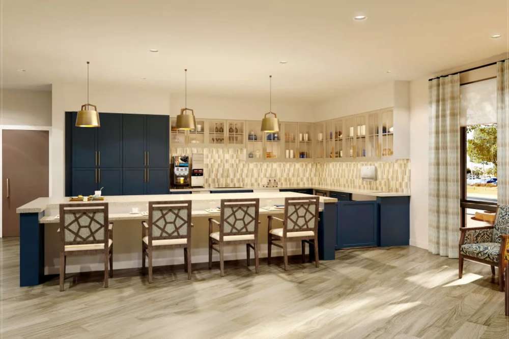 Dining area attached to fully equipped kitchen at Clearwater at The Arboretum in Austin, Texas,