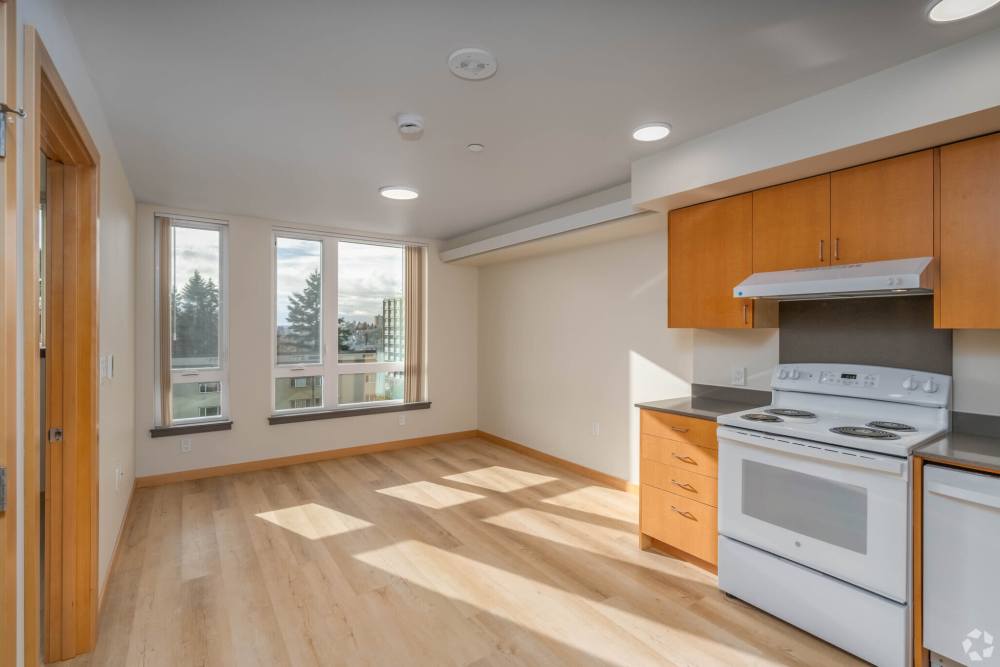 Side view of the kitchen in Bryant Manor in Seattle, Washington