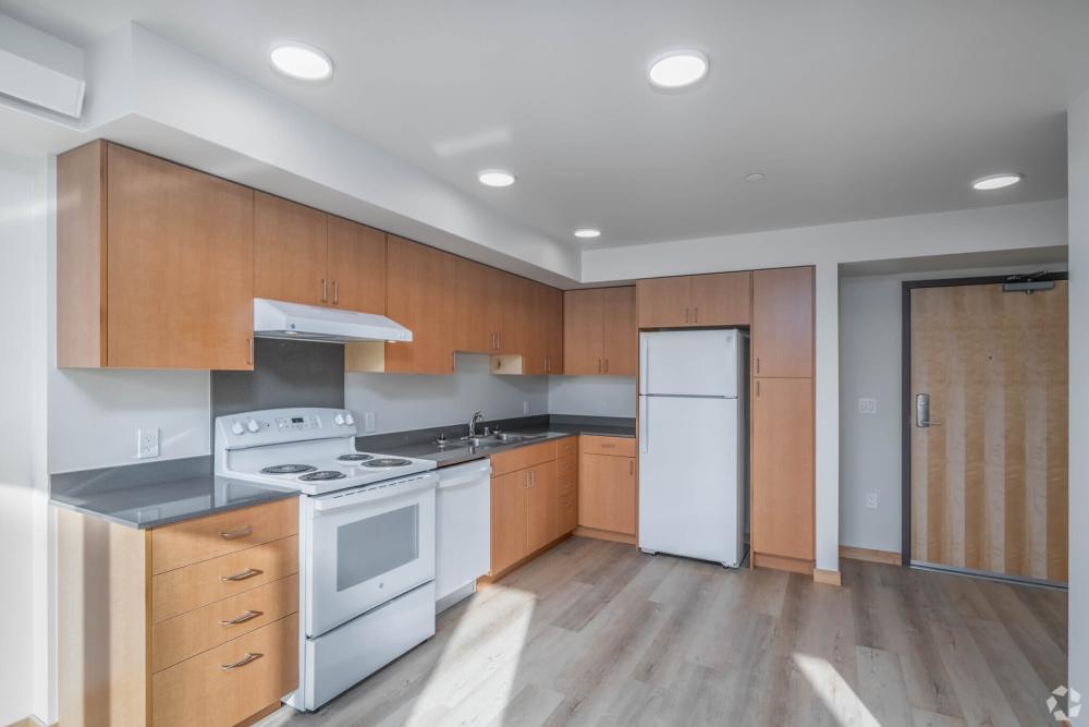 Wide view of the kitchen in Bryant Manor in Seattle, Washington