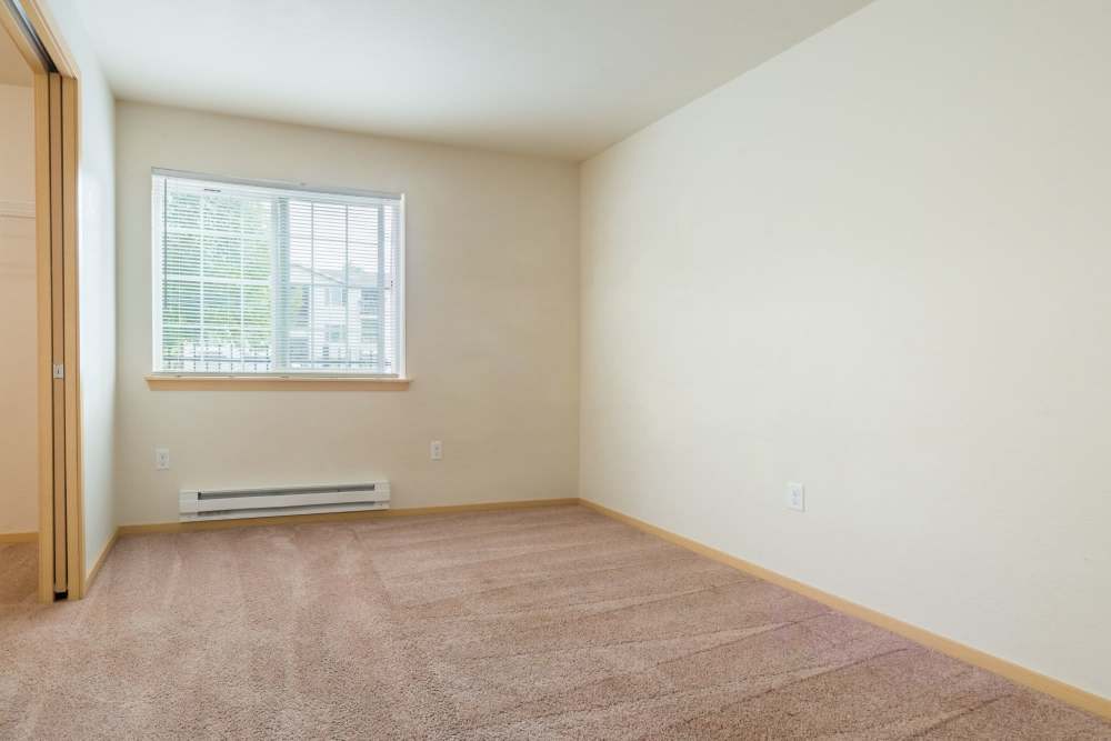 Empty apartment bedroom with carpet flooring and window with blinds at Taylor Creek Apartments in Seattle,Washington