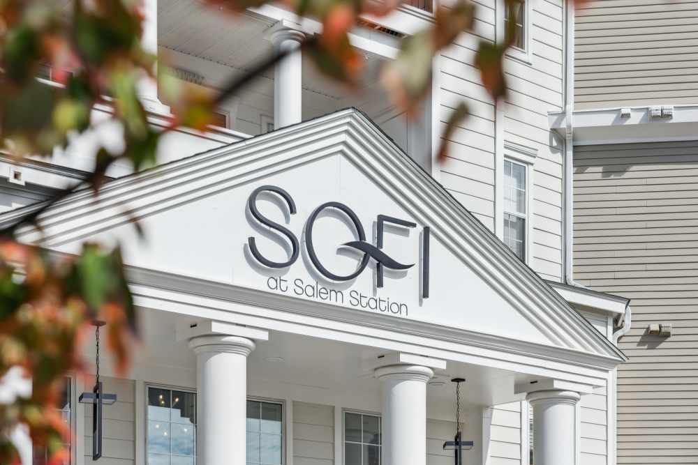 Front Entrance Sign at Sofi at Salem Station in Salem, Massachusetts