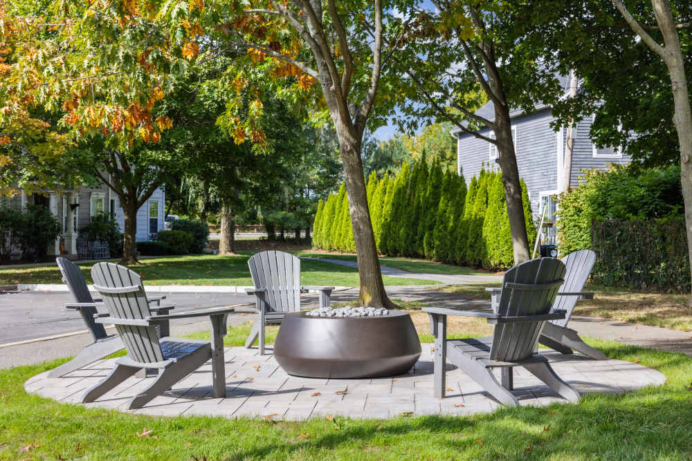 Firepit Seating Near the Road at Sofi at Salem Station in Salem, Massachusetts