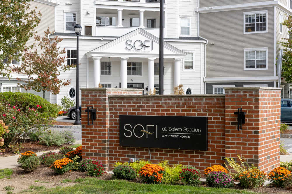 Sign and Front Entrance of Sofi at Salem Station in Salem, Massachusetts