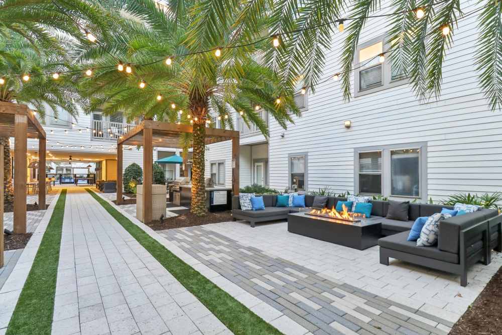 Outdoor courtyard with palm trees and string lights at SoBA Apartments in Jacksonville, Florida