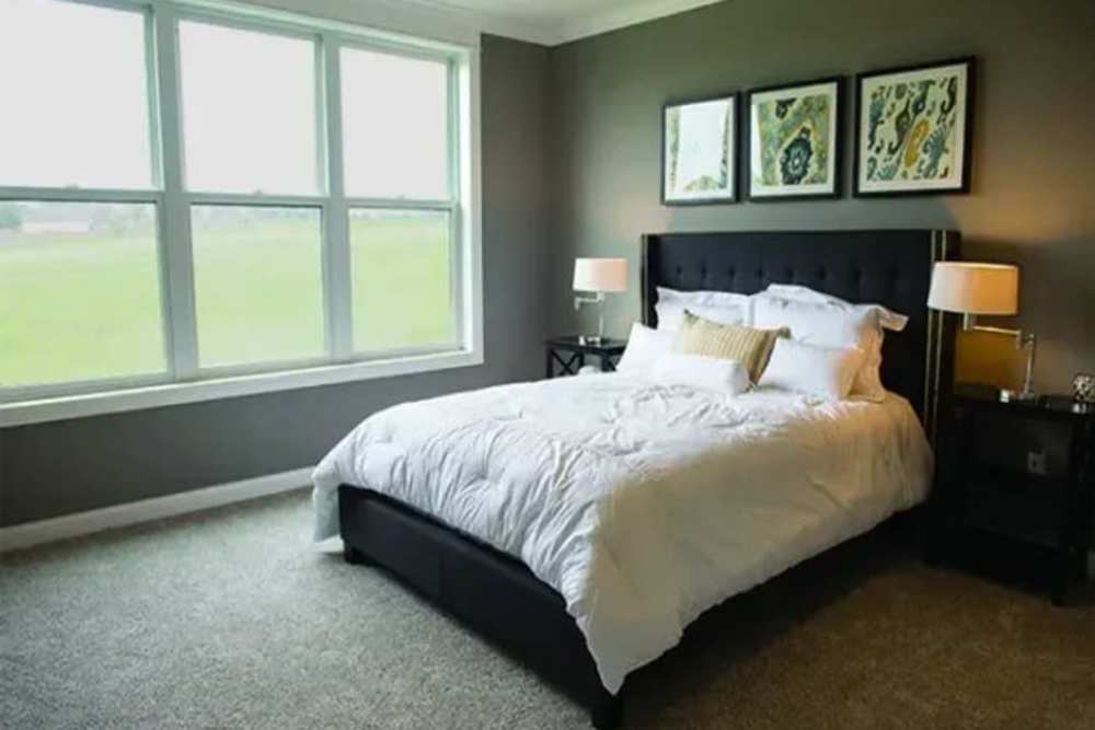 Spacious bedroom with carpeting and sunlit windows at The Residences at Old Hawthorne in Columbia, Missouri
