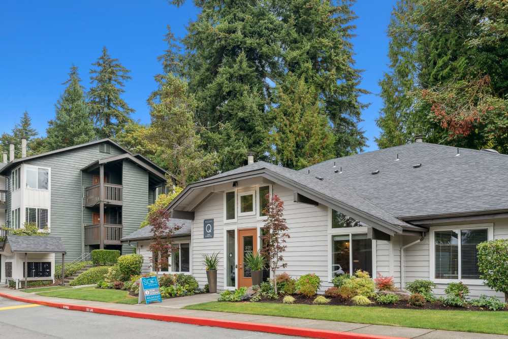 Professionally maintained landscaping outside the leasing office at Sofi at Somerset in Bellevue, Washington