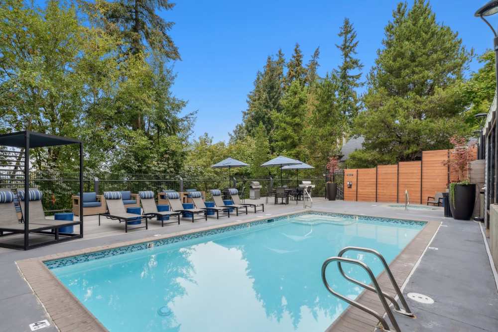 Serene swimming pool with chaise lounge chairs nearby at Sofi at Somerset in Bellevue, Washington