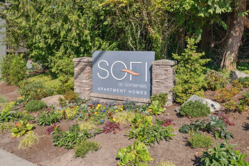 Our monument sign welcoming residents and their guests to Sofi at Somerset in Bellevue, Washington