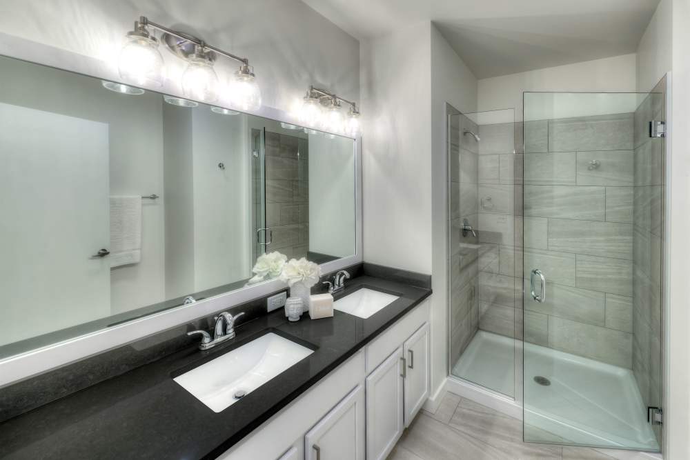Bathroom with shower at Ellison in Des Plaines, Illinois
