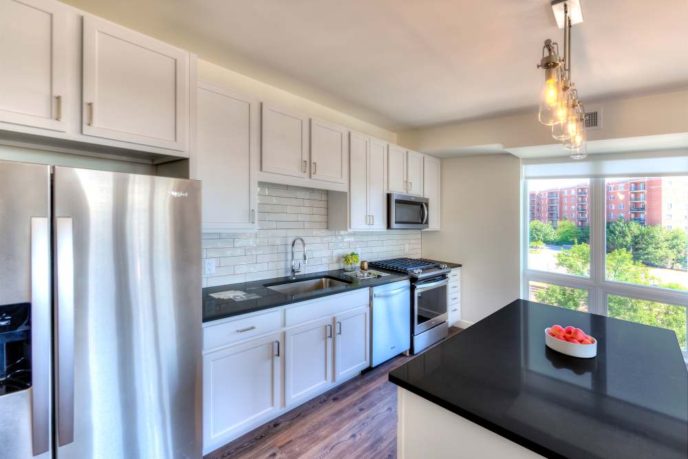 Kitchen with stainless-steel appliances at Ellison in Des Plaines, Illinois