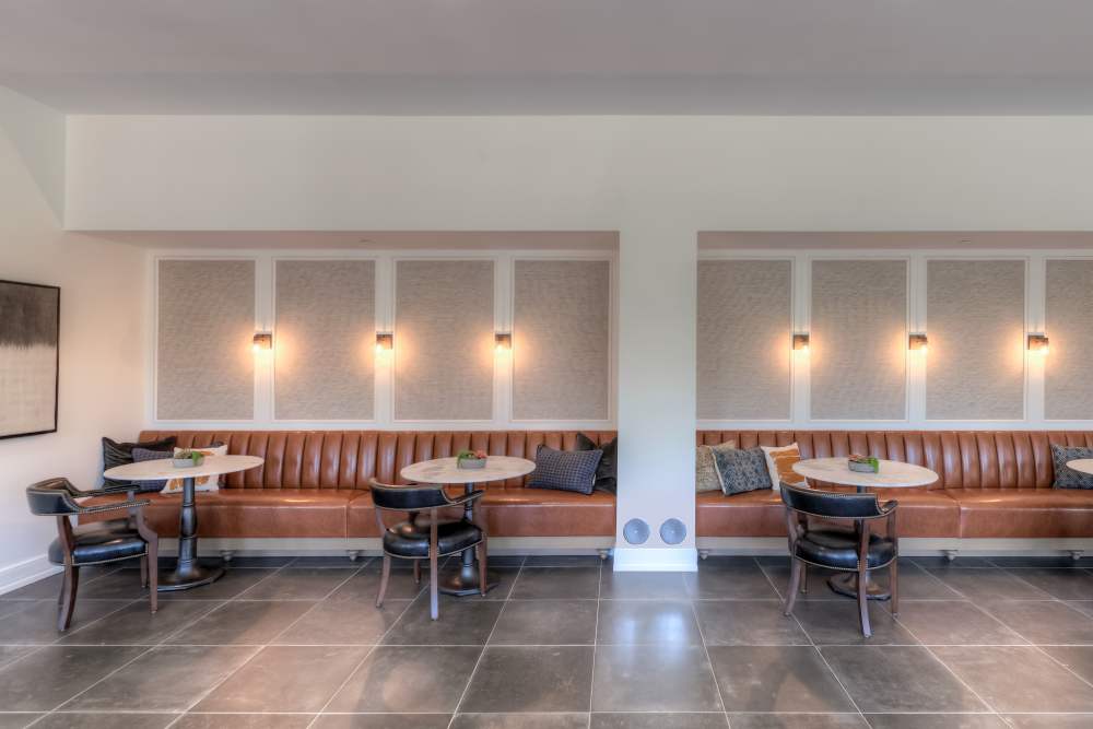 Community bench seating at Ellison in Des Plaines, Illinois