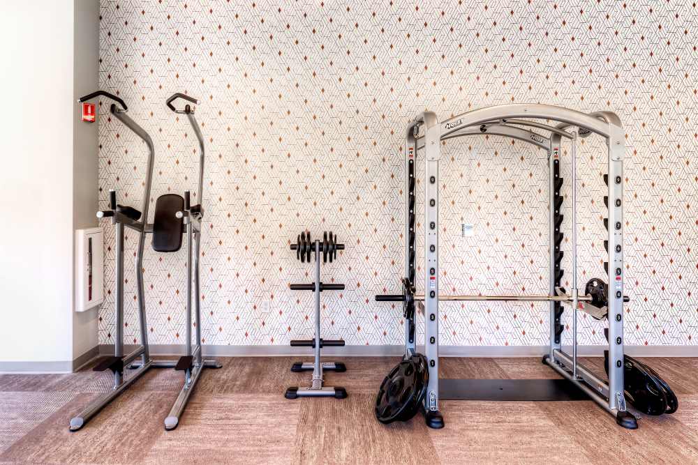 weights in fitness center at Ellison in Des Plaines, Illinois