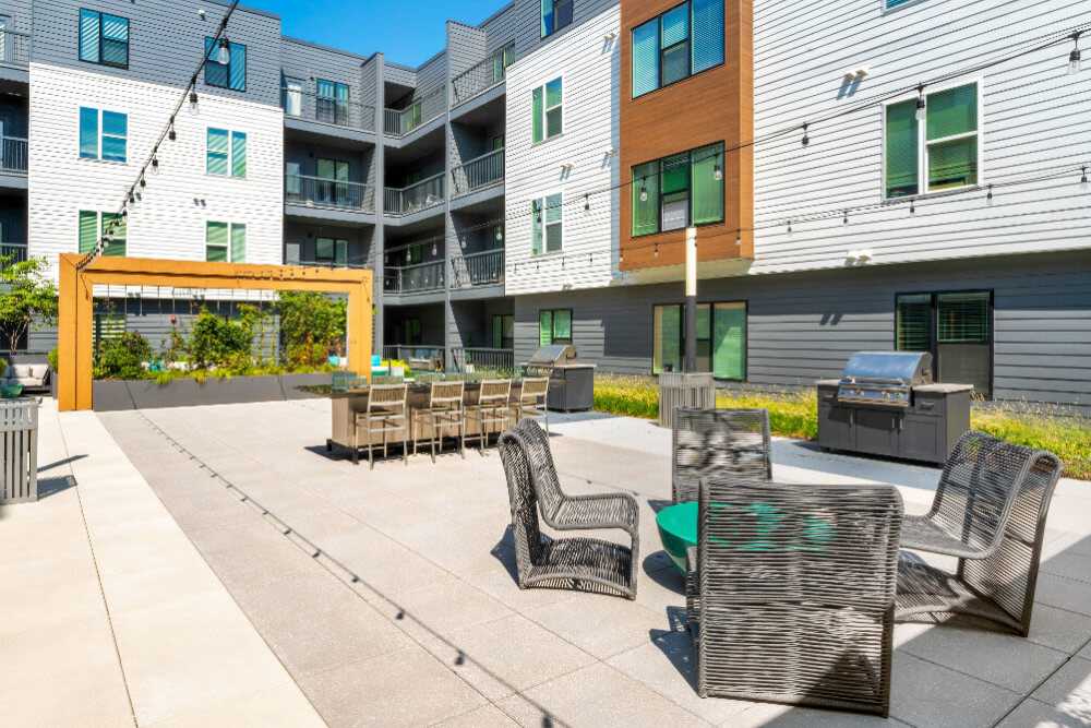 Outdoor seating at The Mark at Fishers District in Fishers, Indiana