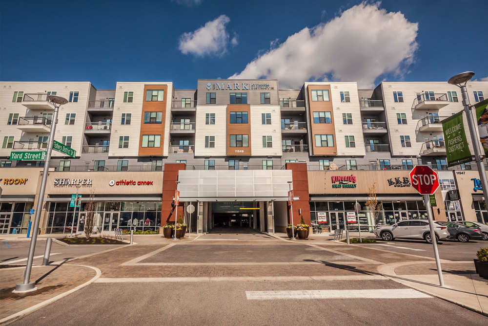 exterior of building at The Mark at Fishers District in Fishers, Indiana