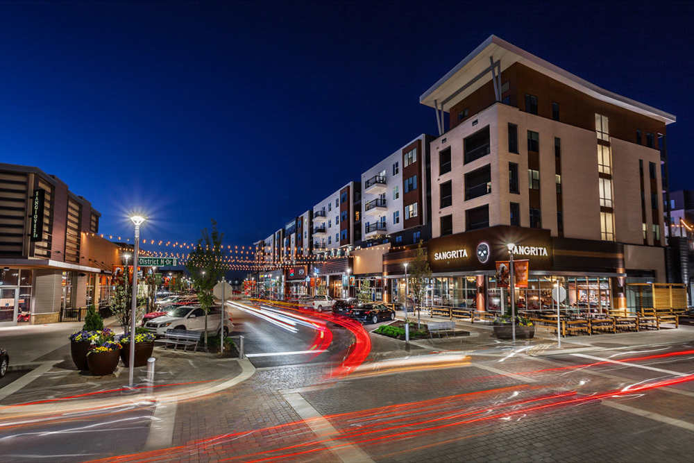 Street at night at The Mark at Fishers District in Fishers, Indiana