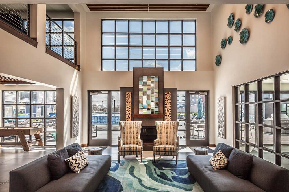 spacious lobby with seating at The Mark at Fishers District in Fishers, Indiana