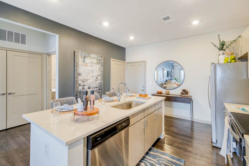 Kitchen with island at The Mark at Fishers District in Fishers, Indiana