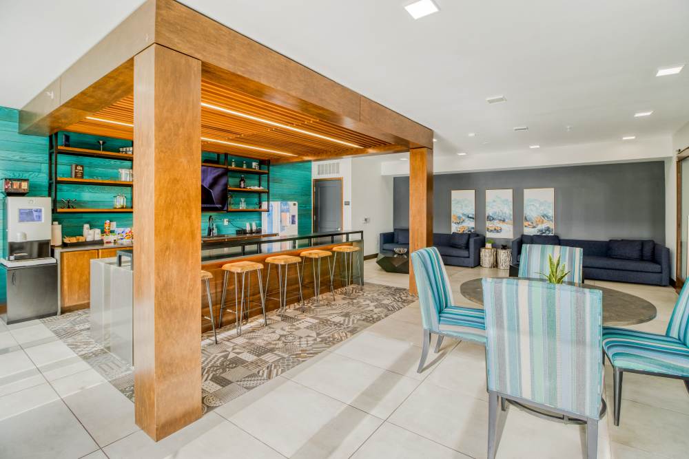 community bar seating at The Mark at Fishers District in Fishers, Indiana