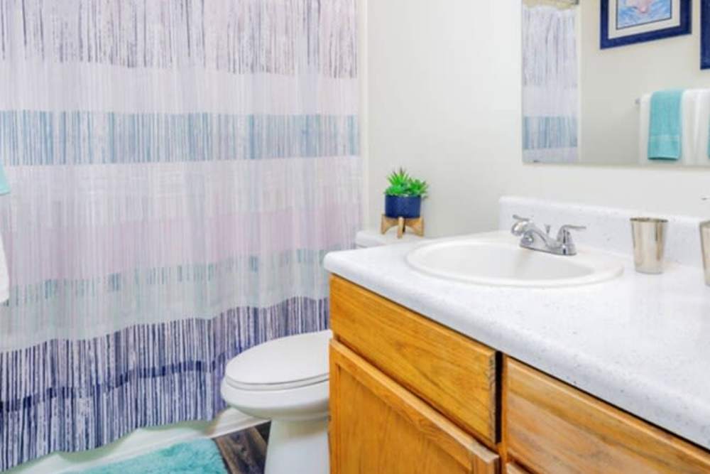 Bathroom with commode, sink, and cabinets at The Kelston in Charlotte, North Carolina