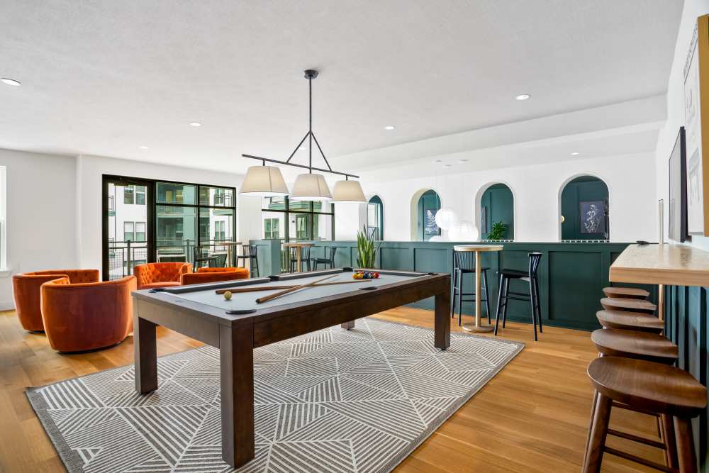 Billiards table at the community lounge at The Alder on Dabney in Richmond, Virginia