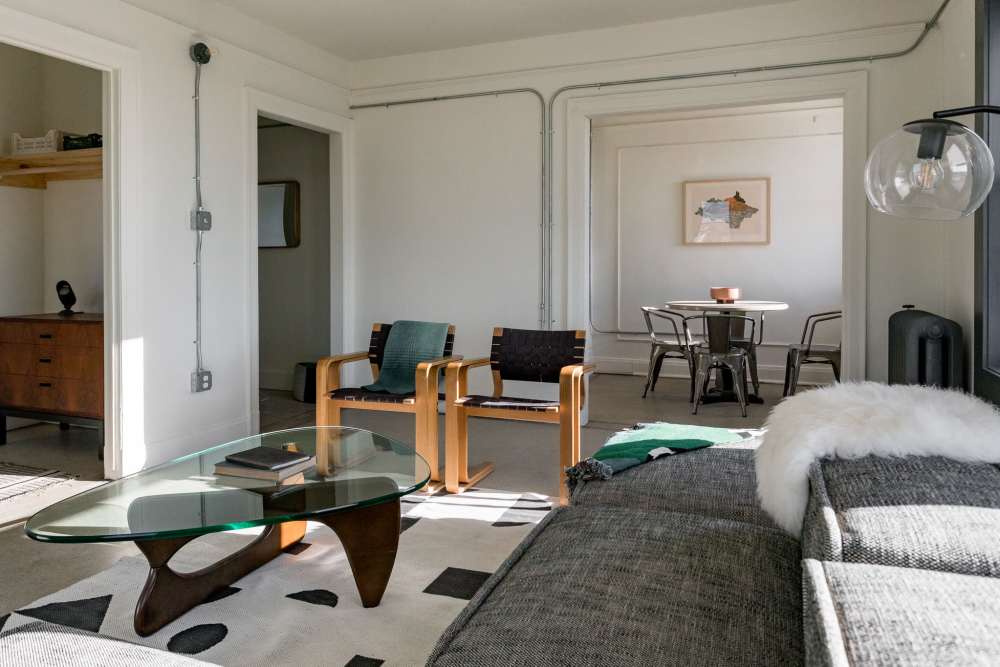 Modern living room at Detroit Living in Detroit, Michigan