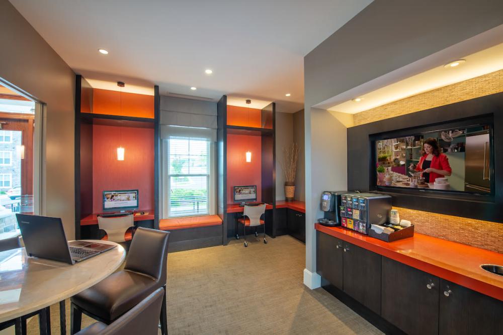 Cyber cafe with coffee station at The Elms at Clarksburg Village in Clarksburg, Maryland