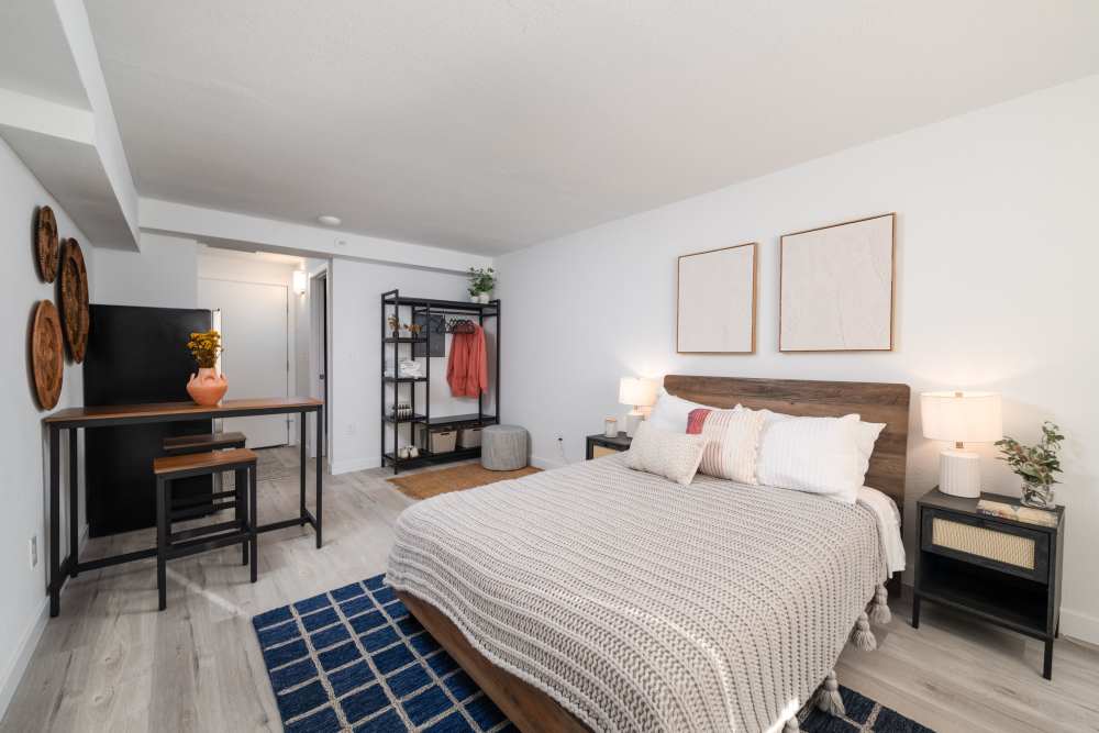 View of large walk-in closet at Pinnacle Point Apartments in Fife, Washington   