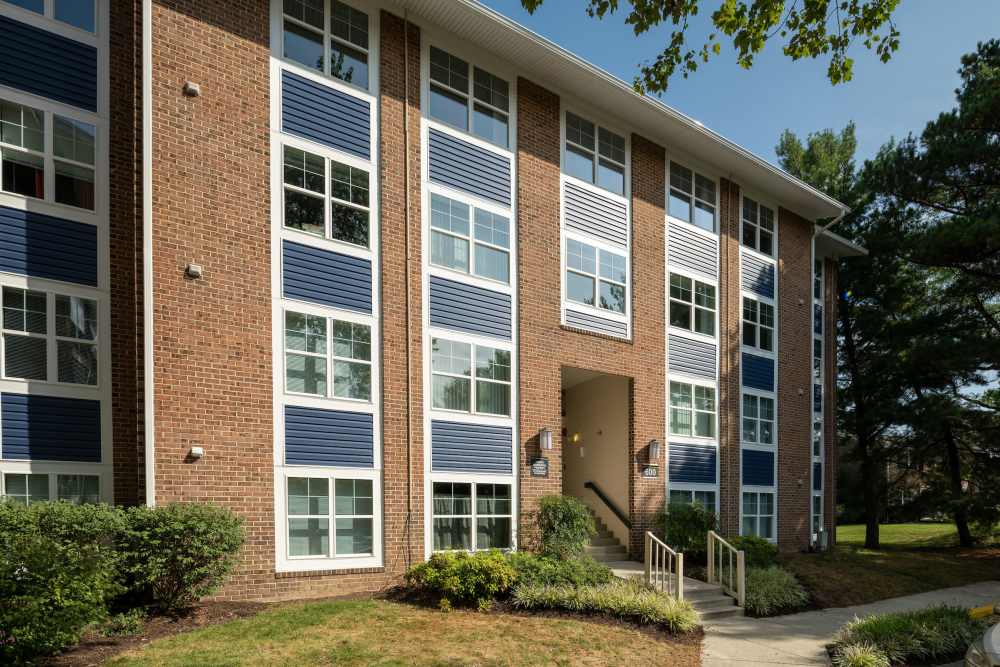 Community building exterior view at The Elms at Old Mill in Millersville, Maryland