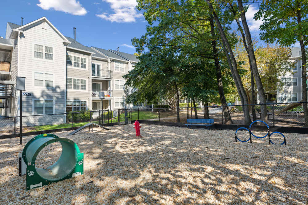 Onsite dog park beside the apartment building at Knoll at Fair Oaks in Fairfax, Virginia