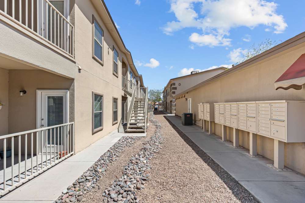 Walkway outside the building at La Jolla Place in El Paso, Texas
