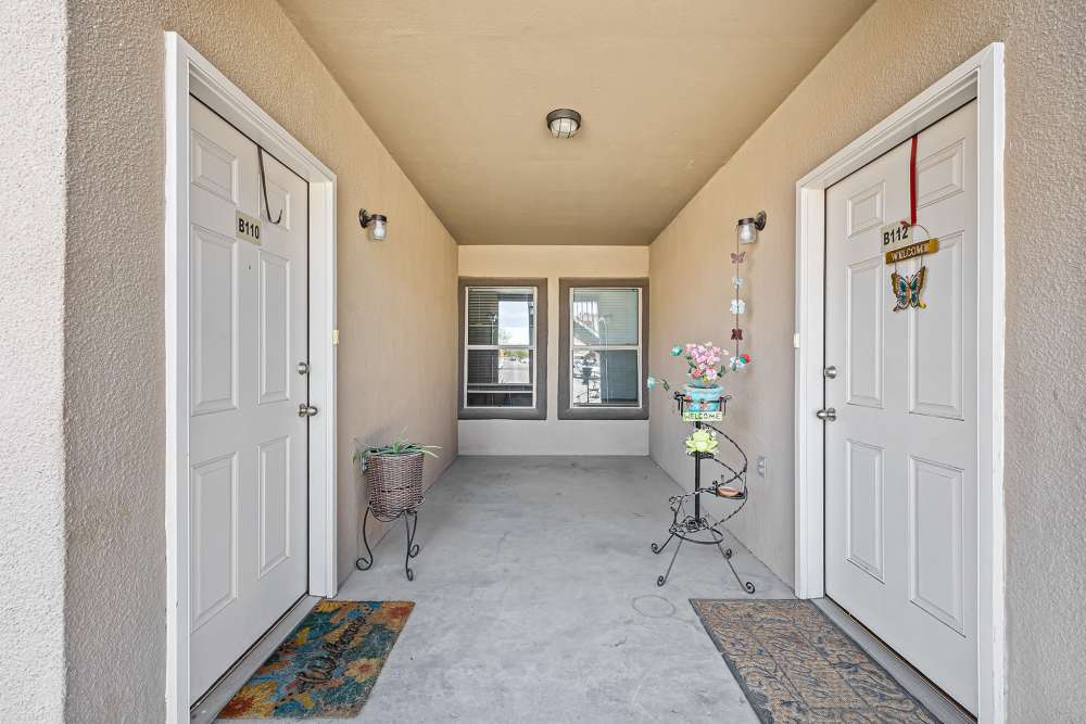 Outdoor hallway to apartments at La Jolla Place in El Paso, Texas