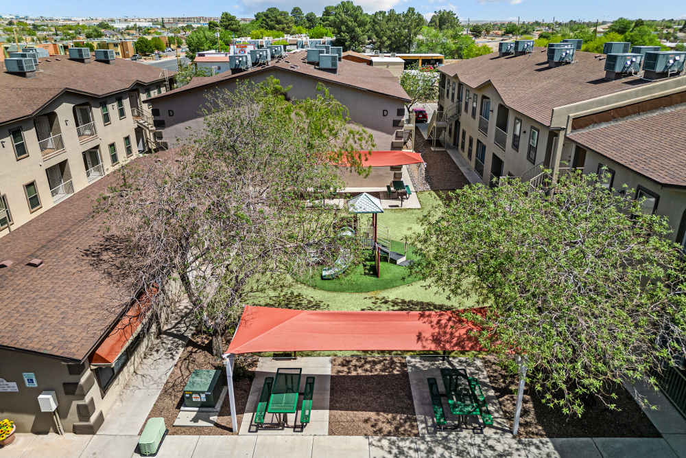 Aerial view of the courtyard at La Jolla Place in El Paso, Texas