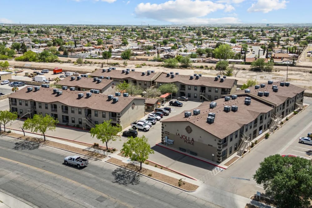 Aerial view of the buildings at La Jolla Place in El Paso, Texas