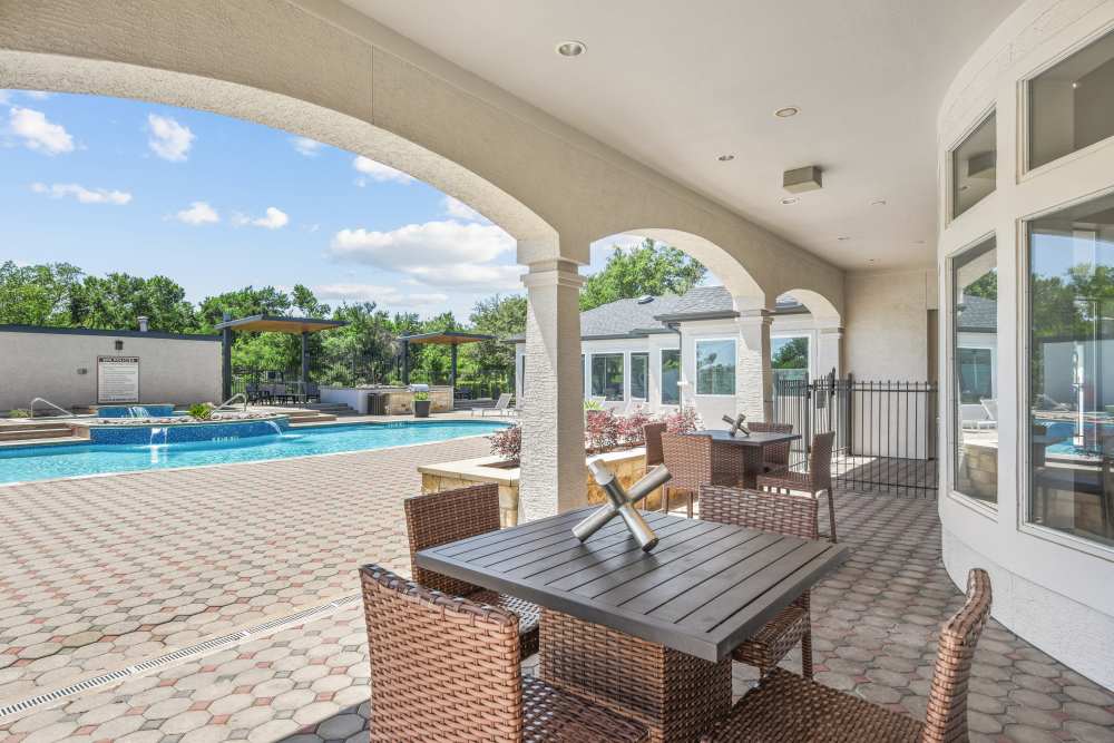 Dinning setup area near pool at Milan in Austin, Texas