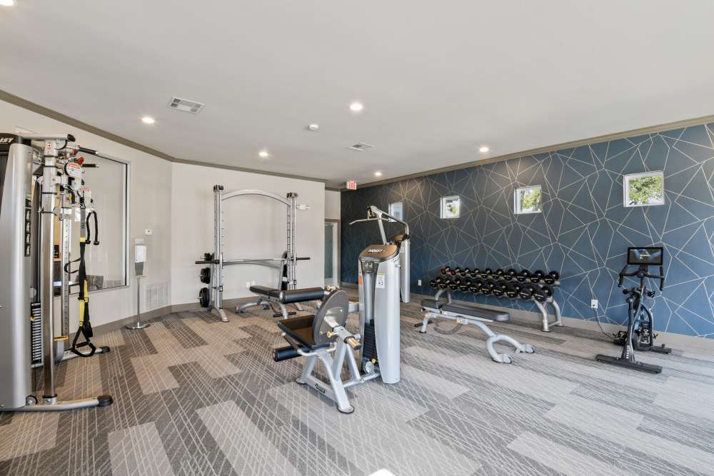 Fitness center with blue wall art on the background at Milan in Austin, Texas