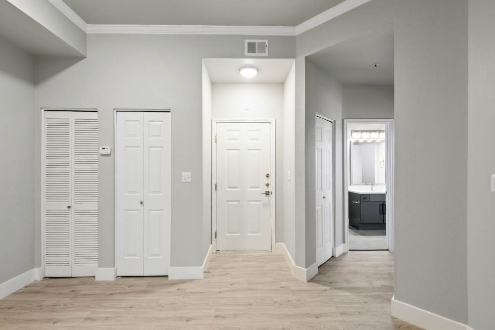 Room heater room with hardwood flooring at Milan in Austin, Texas