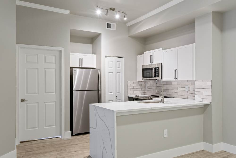 Kitchen with stainless-steel appliances at Milan in Austin, Texas