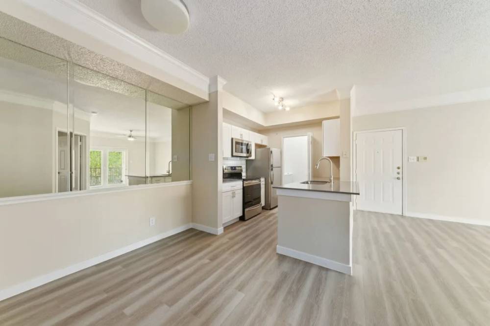 View of spacious island kitchen at Benton in Dallas, Texas, 