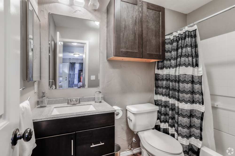Bathroom in a model home at Oxford Oaks Apartments in Edmond, Oklahoma