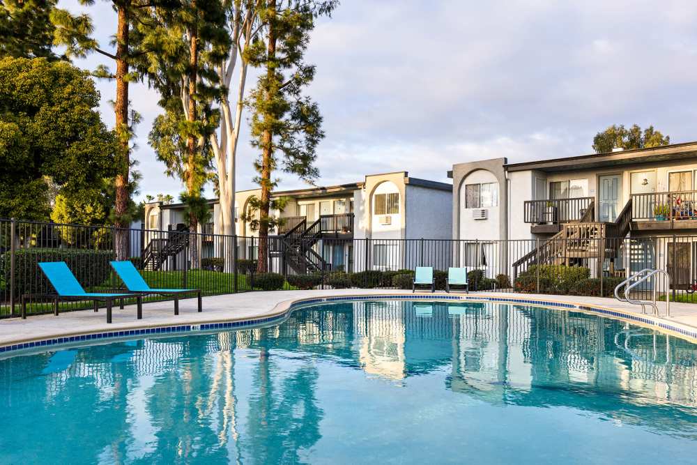 Pool situated in a park at the boundary of a residential complex at Park in Escondido, California