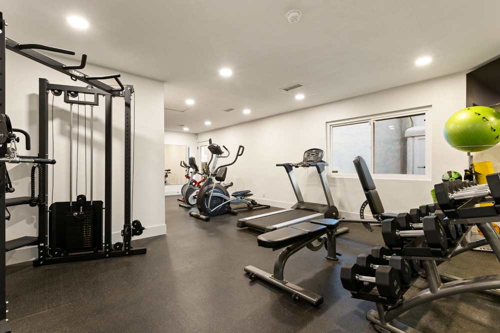A well-equipped gym room with exercise gear and a television at Park in Escondido, California