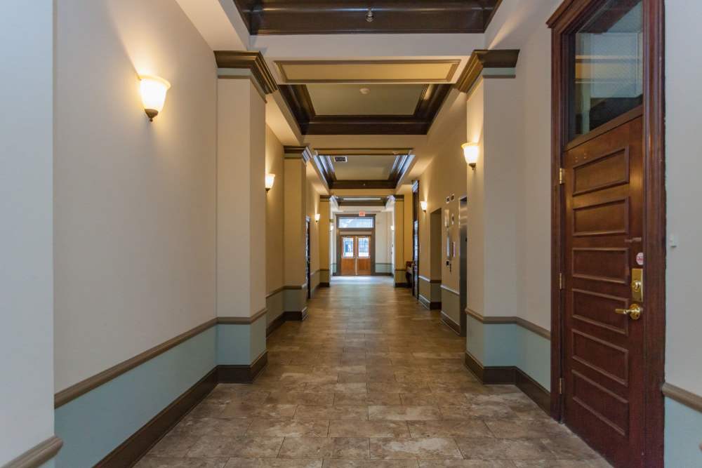 Hallway with historic feeling at The Grand Apartments in Chattanooga, Tennessee