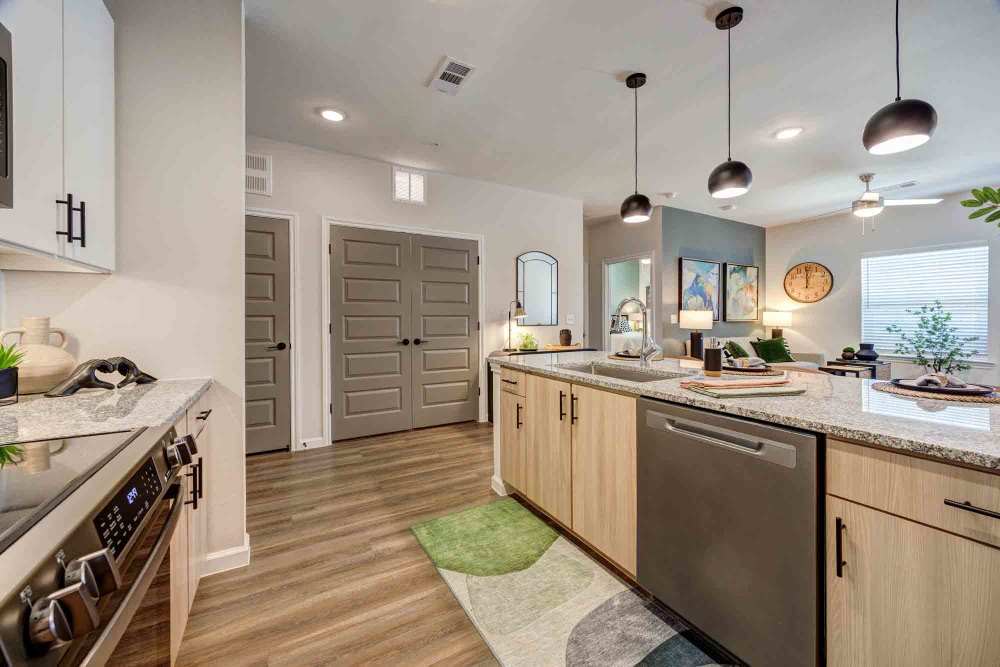 Kitchen island, featuring a granite countertop and integrated dishwasher at The Abbey at Veramendi in New Braunfels, Texas