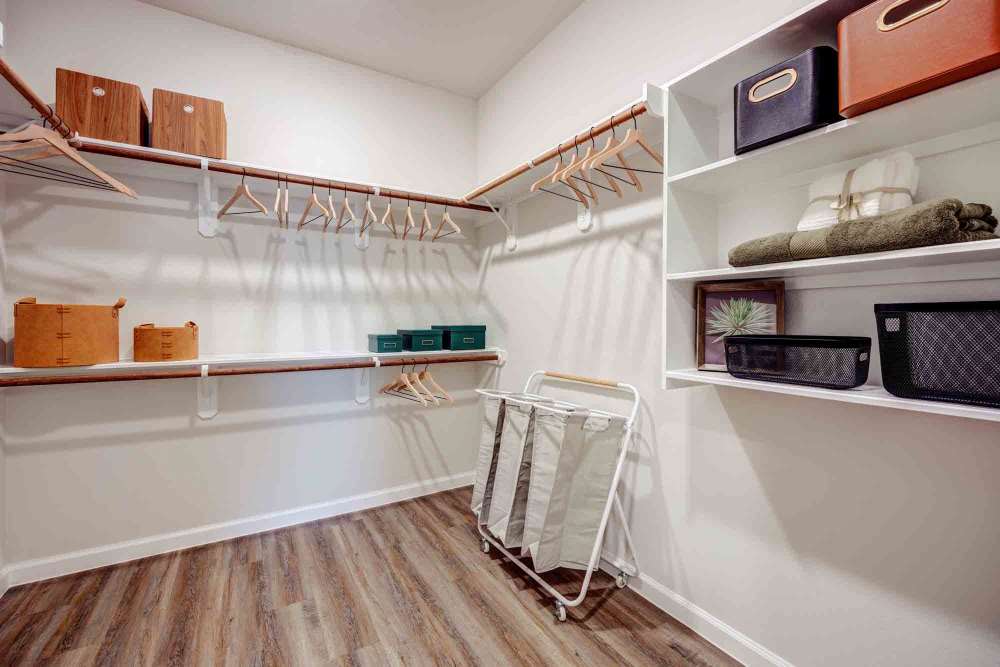  Closet contains shelves and hanging rods at The Abbey at Veramendi in New Braunfels, Texas