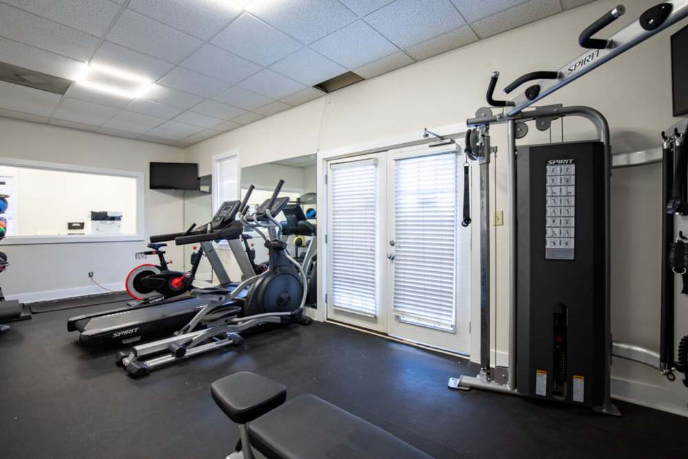 Fully equipped fitness center at Huffman Mill Townhomes in Burlington, North Carolina,