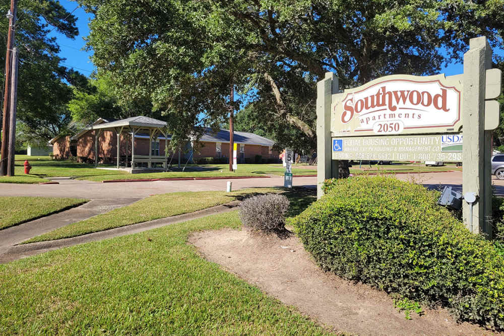 Sign board of the apartment at Southwood Apartments in Shepherd, Texas