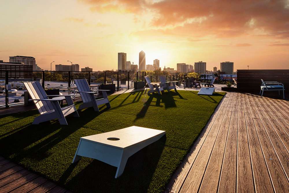 Rooftop terrace at sundown at Union Terminal Warehouse in Jacksonville, Florida