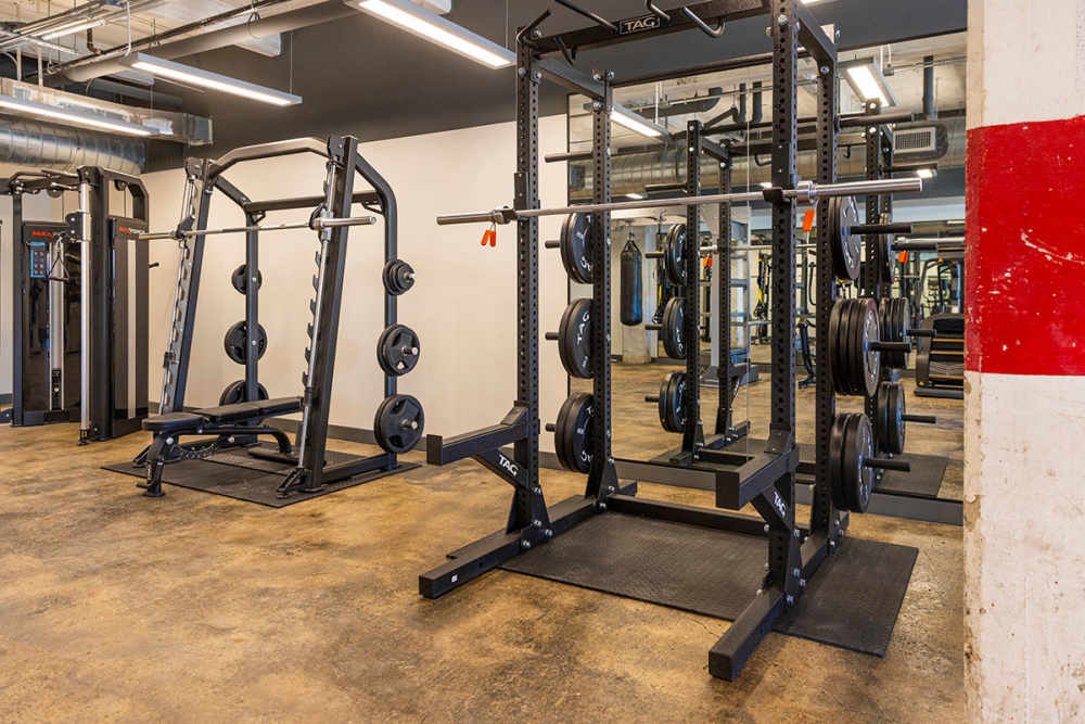 Weight lifting equipment in the fitness center at Union Terminal Warehouse in Jacksonville, Florida