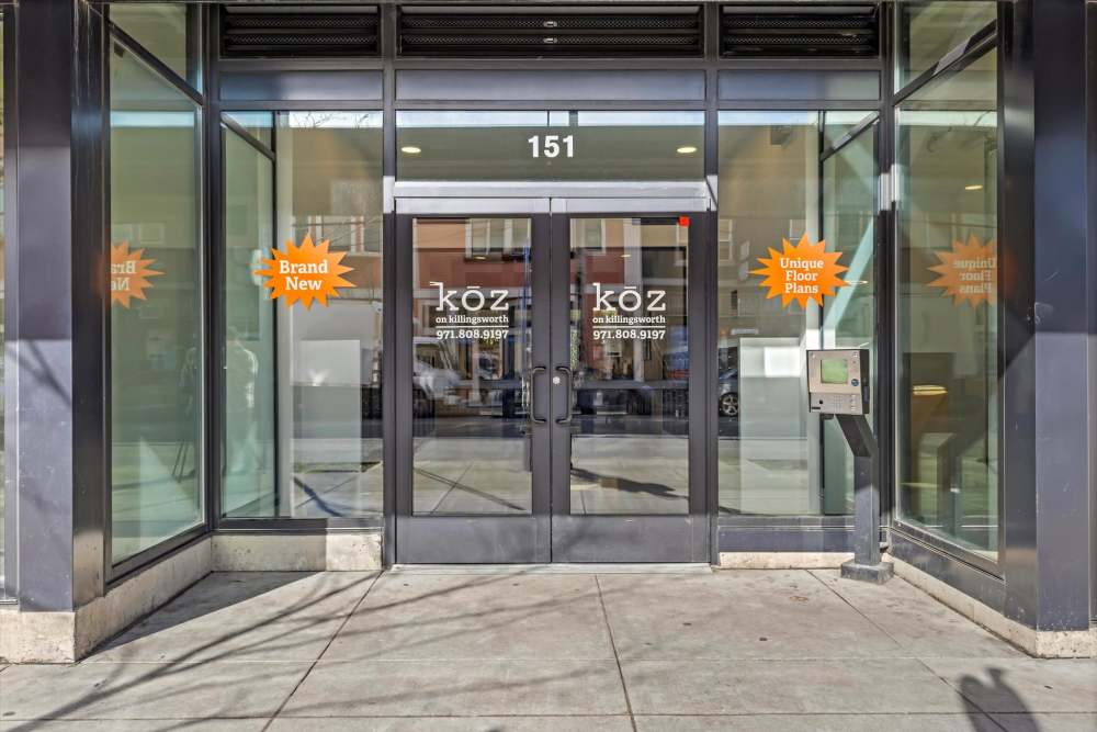 Glass entrance doors at Koz on Killingsworth in Portland, Oregon
