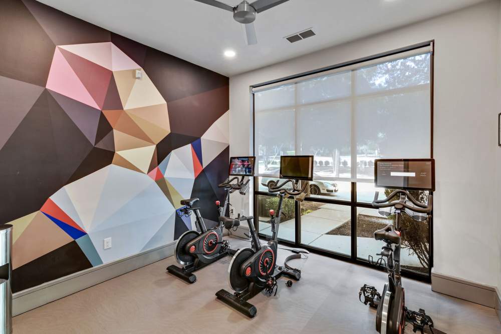 Fitness center with ceiling fan  at Trinity Bluff & Trinity District in Fort Worth, Texas 